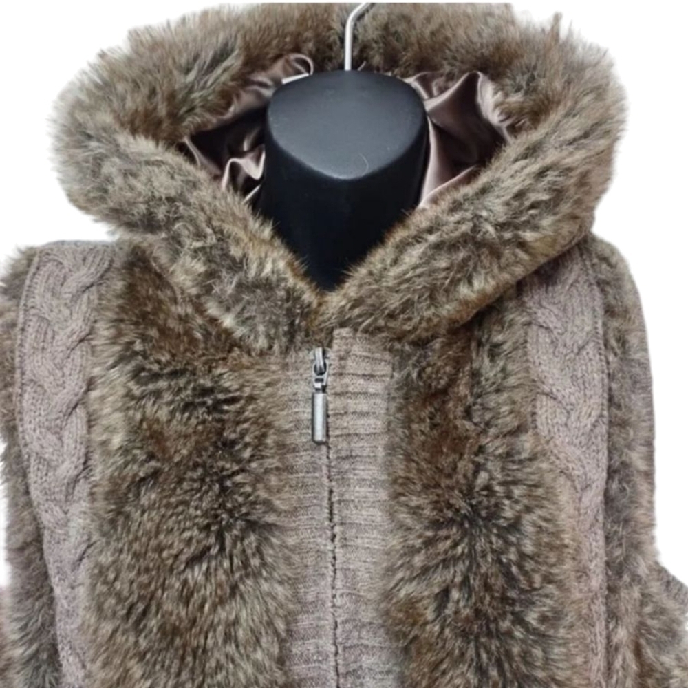 Green Tea Women's Brown Taupe Faux Fur Hooded Zip Up Vest Size S - Picture 3 of 10